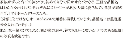 家族がずっと育ててきたバラ、初めて自分で咲かせたバラなど、正確な品種名はわからないけれど、それぞれにストーリーがあり、大切に愛されている「我が家のバラ」たち。投稿いただいた中から一部をご紹介します。
(分類ごとではなく、オールジャンルで順番に掲載しています。品種名には整理番号を入れています。)